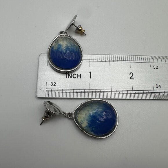 Chico's Earrings Jewlery Statement Dangle Drop Silver Tone Blue Teardrop - Picture 6 of 6